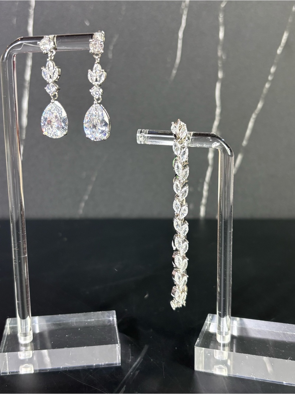 Bridal CZ Jewelry Set Teardrop Earrings + Marquise Bracelet Wedding Prom